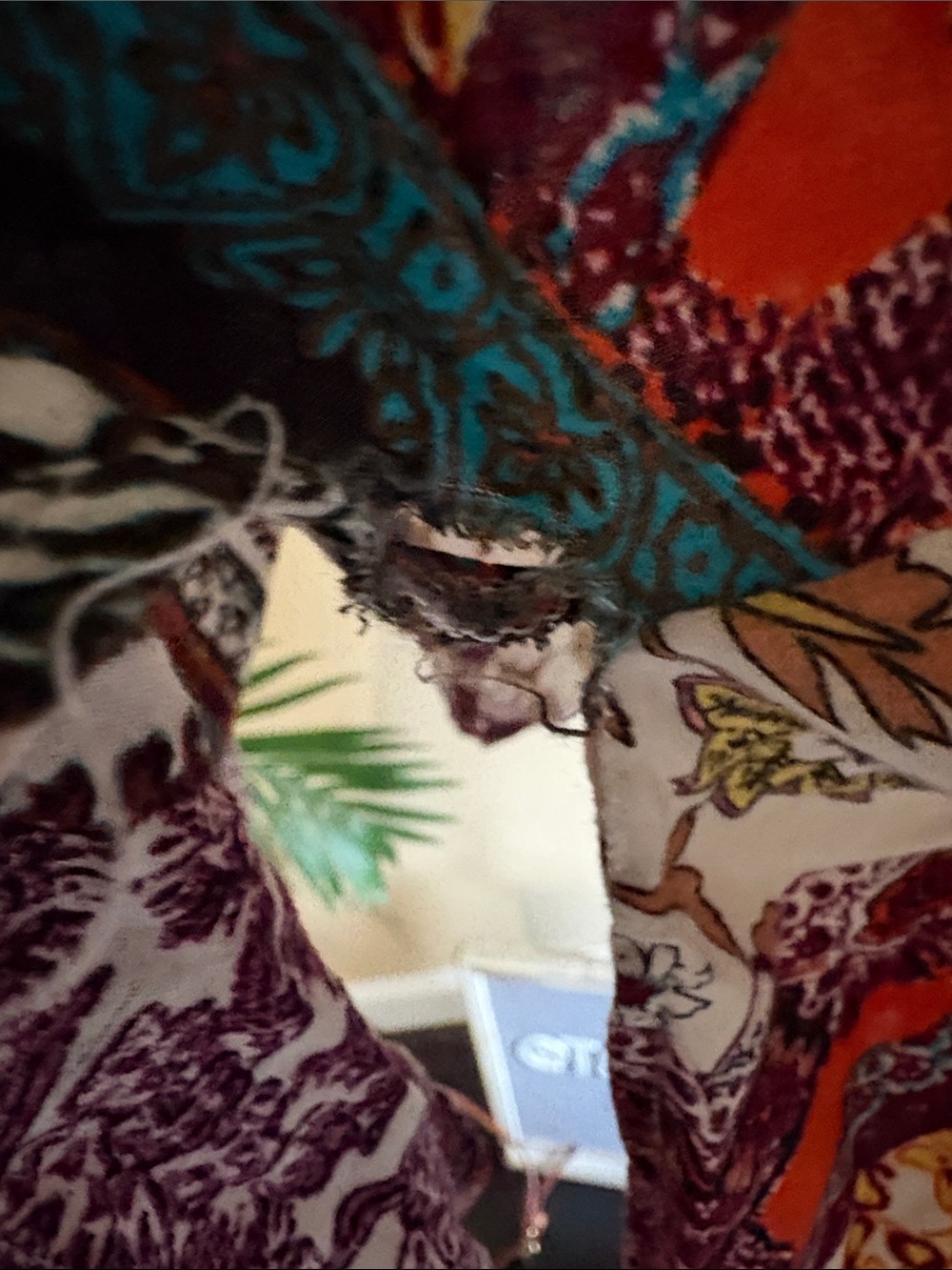 Gigio XL Cream Kimono Jacket with Burgundy, Teal & Rust Patchwork - Picture 10 of 11